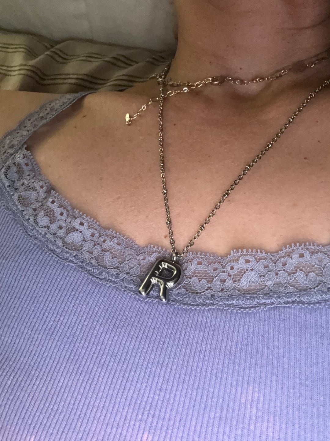 Customer photo review of Bubble Letter Initial Necklace