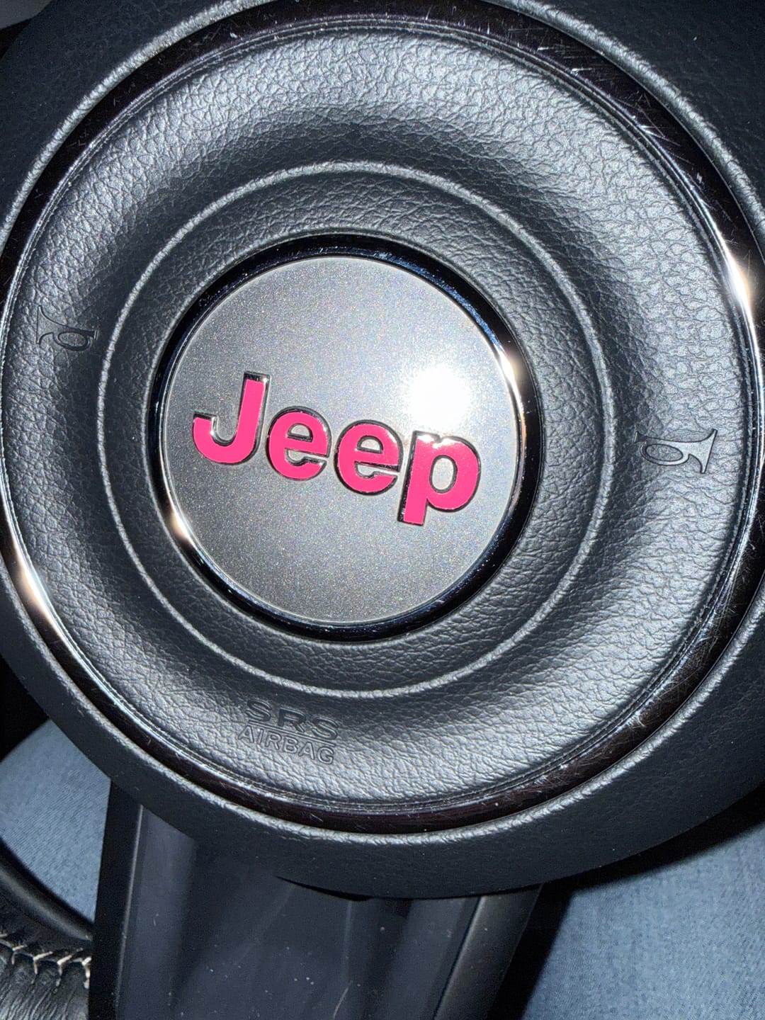 Customer photo review of JEEP Steering Wheel Emblem Overlay Decal — 30+ Colors & Designs (Flag, Topo, Animal, Solid)