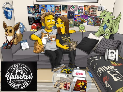 Customer's cartoon-style Digital Artwork of a couple on a sofa, surrounded by pets and video game characters.