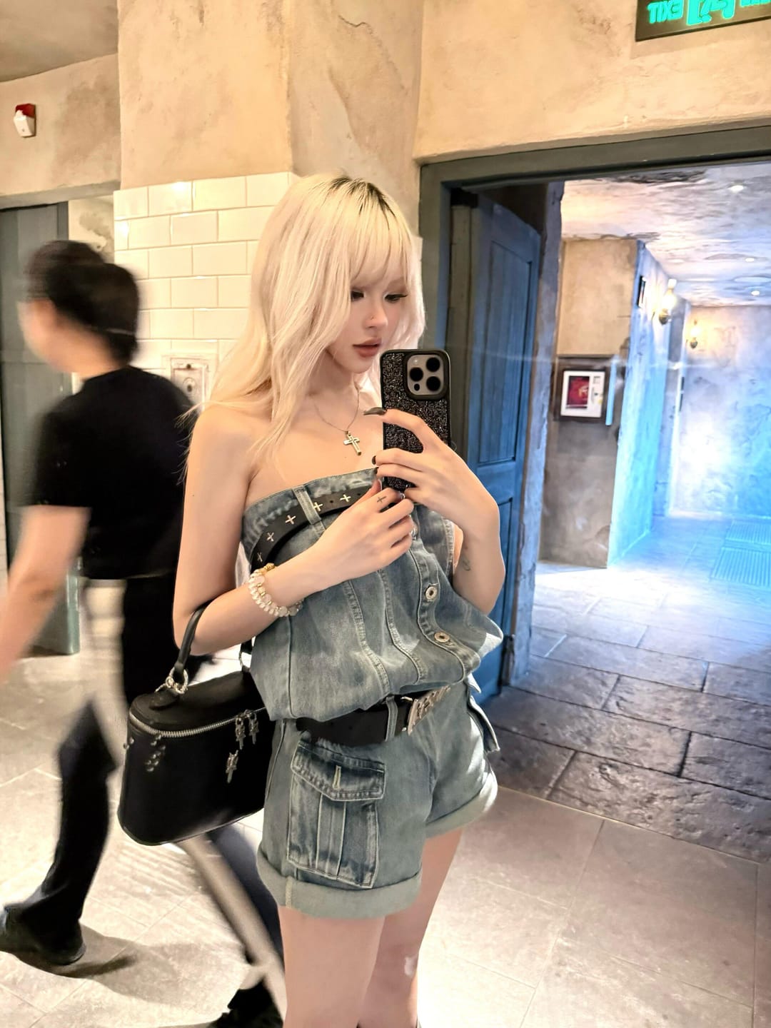 Customer photo review of WARDEN EDGE Strapless Denim Utility Romper