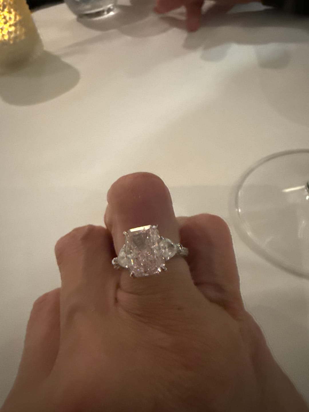 Customer photo review of S925 5.0Ct Pink/White Stone Radiant Cut Three Stone Engagement Ring Anniversary Ring For Women