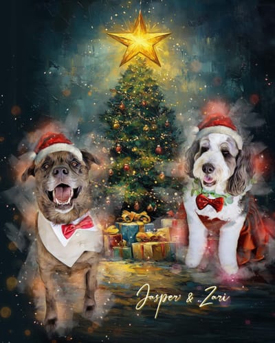 Customer's 'Furry Christmas' custom pet portrait showing two happy dogs in Santa hats and bow ties by a Christmas tree.