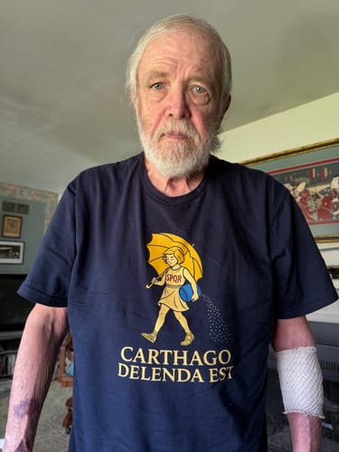 Customer photo review of Carthago Delenda Est Morton's Salt Parody Logo T-Shirt