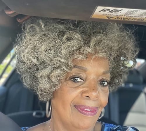 Customer photo review of Luvwin Full Machine Salt And Pepper Pixie Cut Curly Hair For Elder With Bang Without Lace