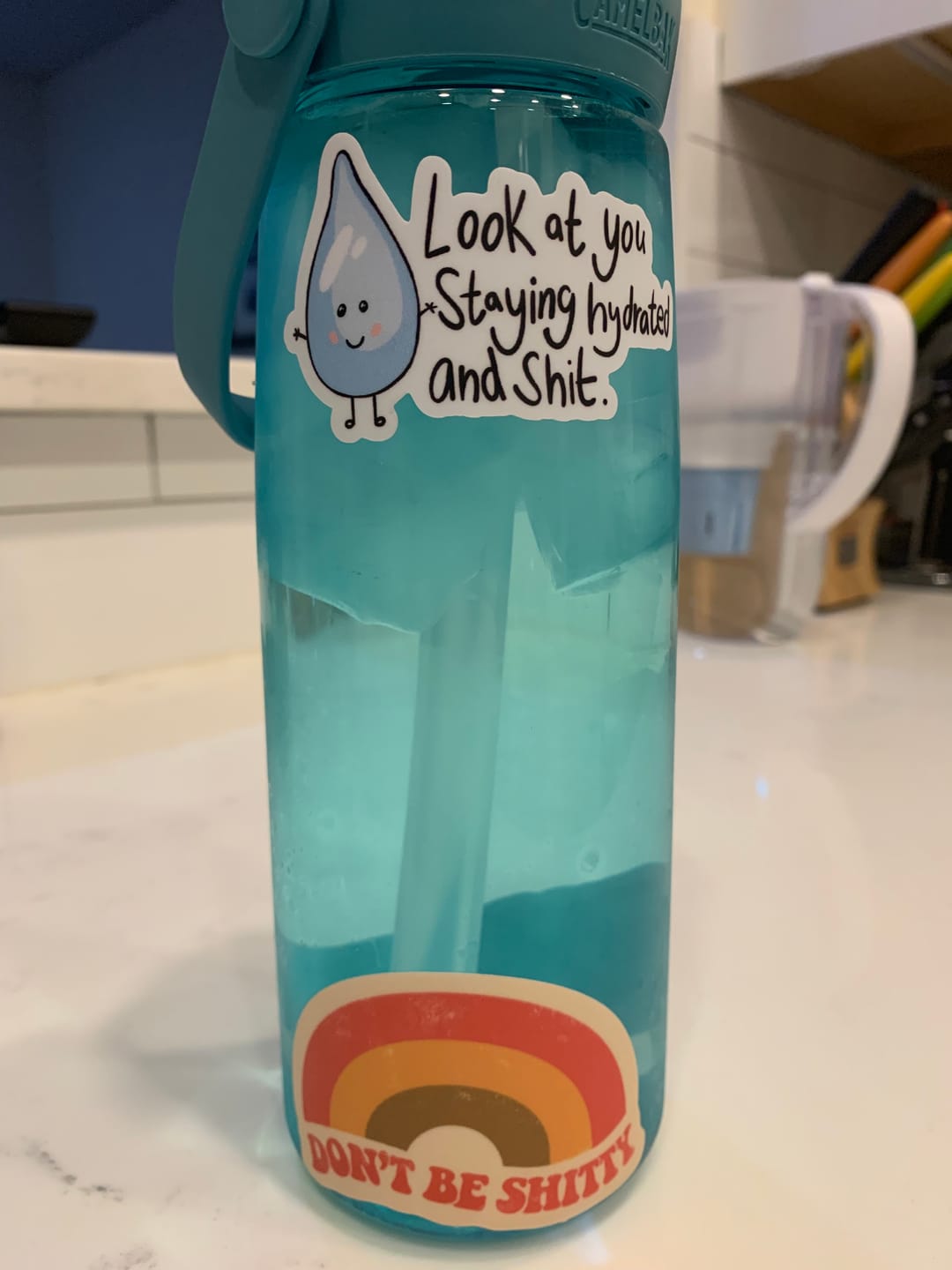 Customer photo review of "Look At You Staying Hydrated And Shit" Water Bottle Sticker