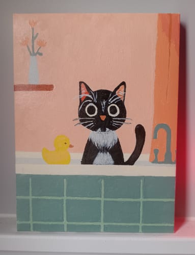 Reviewer's completed mini painting from The Black Cat Set, showing a black cat in a bathtub next to a yellow rubber duck.