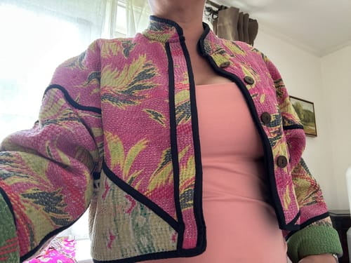 Customer photo review of The Kaira Cropped Quilted Patchwork Kantha Jacket