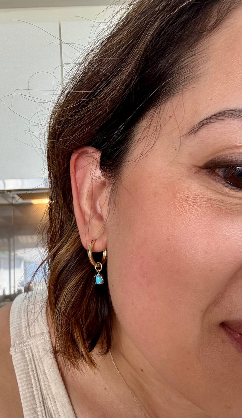 Customer photo review of Teardrop Turquoise Huggie Earrings