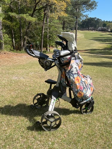 Reviewer's stable Cybercart holding a colorful golf bag on a grassy golf course.