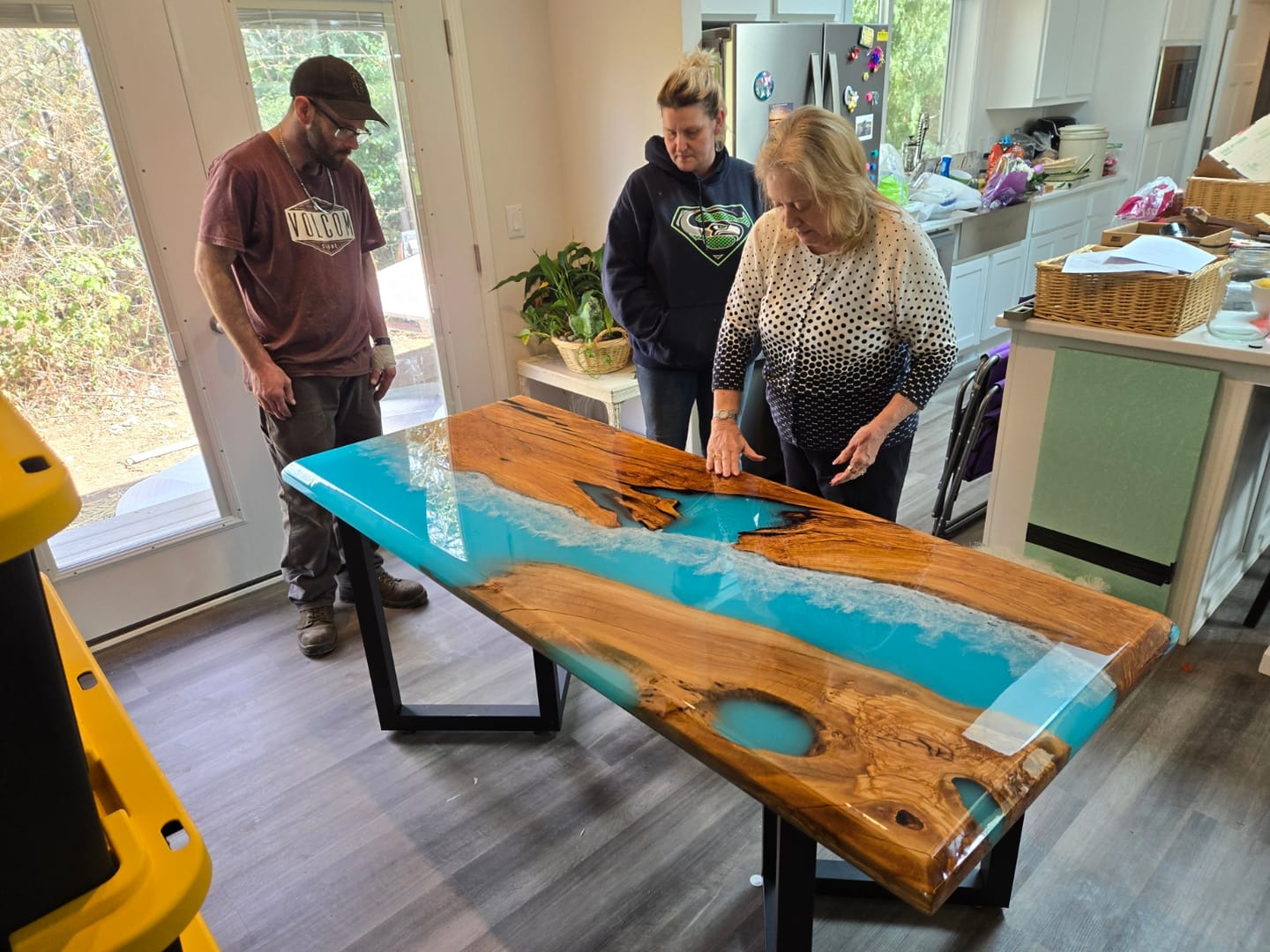 Customer photo review of Custom Golden Camphor Kitchen Epoxy Resin River Table CRT-082