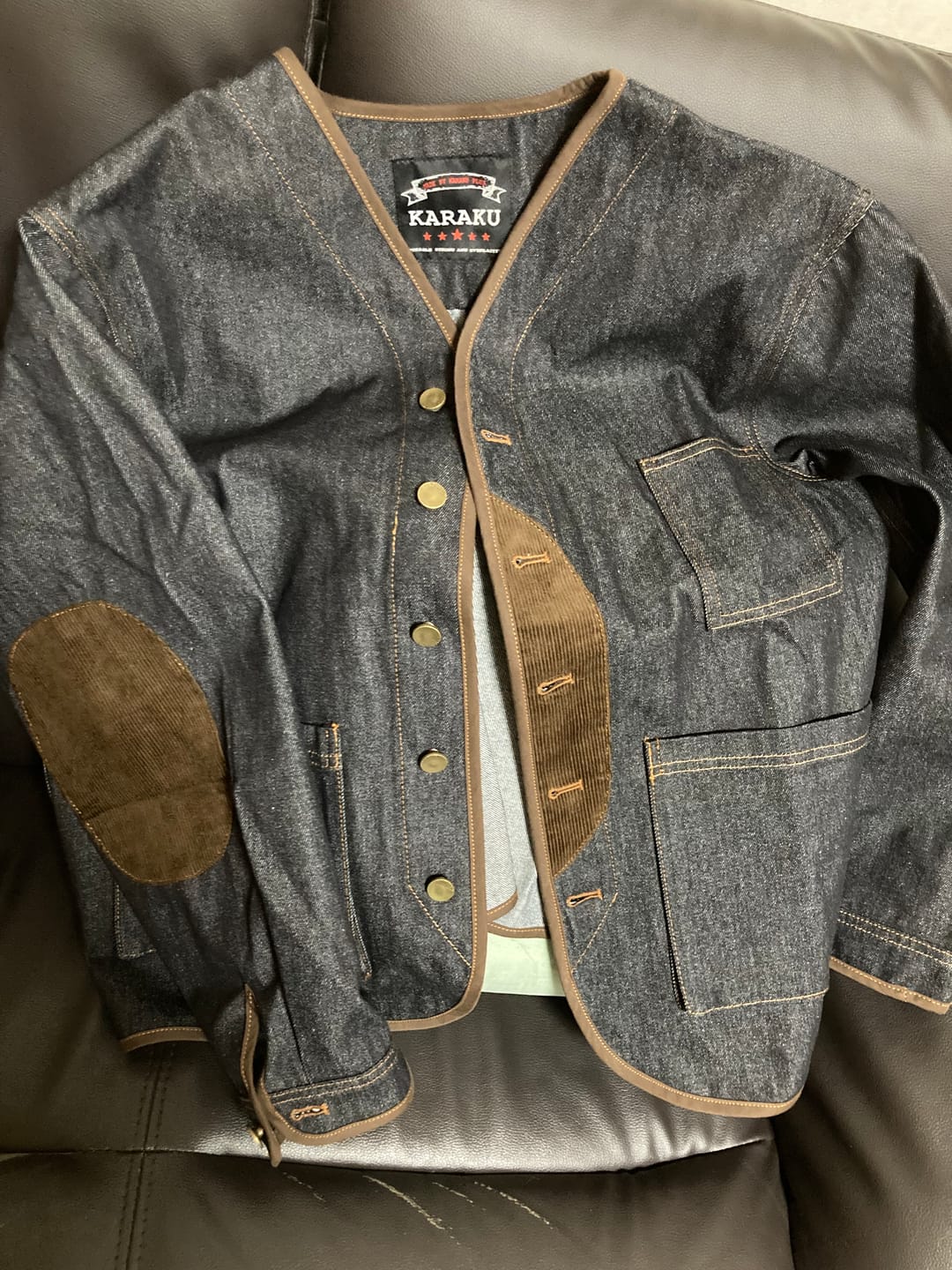 Customer photo review of 肘コーデュロイパッチ ノーカラーデニムジャケット