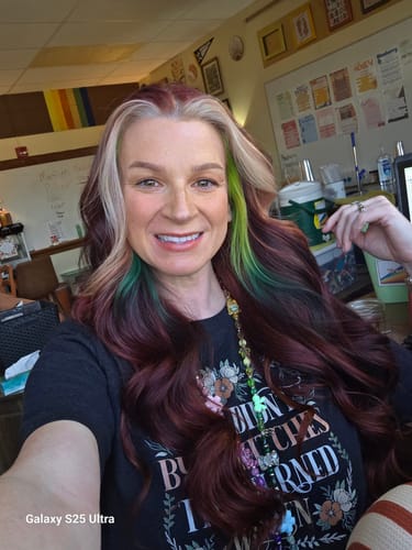 Customer photo review of 22 inch Invisible Wire Hair Extensions in Dark to Medium Brown Ombre