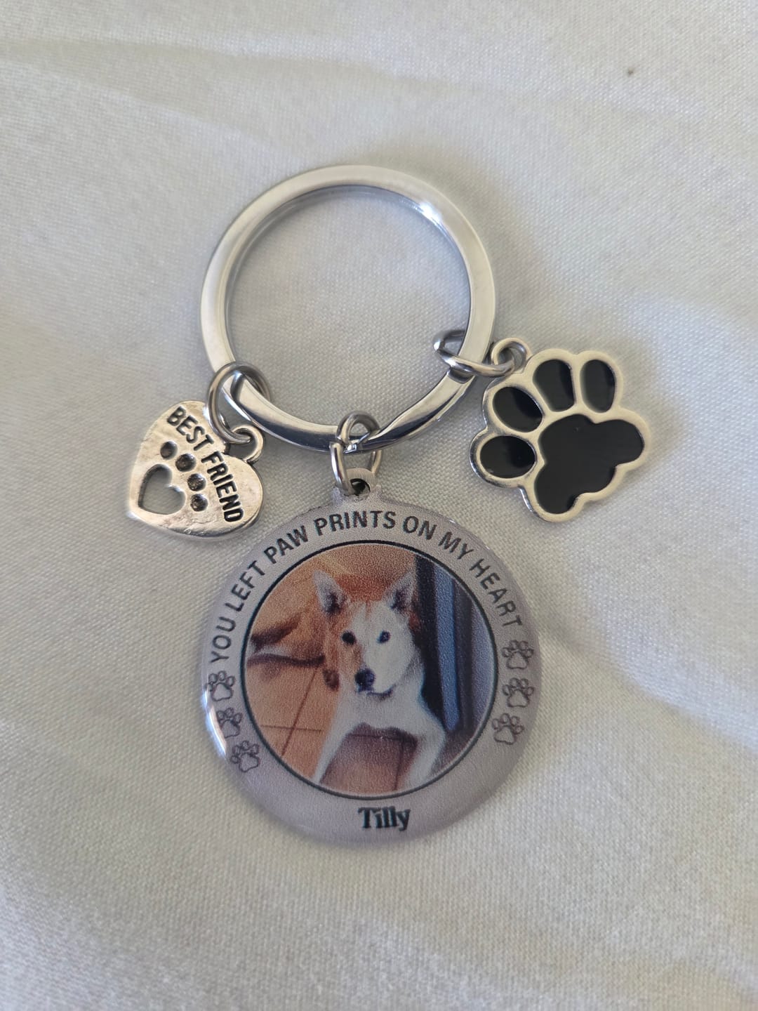 Customer photo review of Custom Personalized Photo Keychain Pet Charm Key Ornaments - Memorial Gift for Dog/Cat Lovers - You left paw prints on my heart