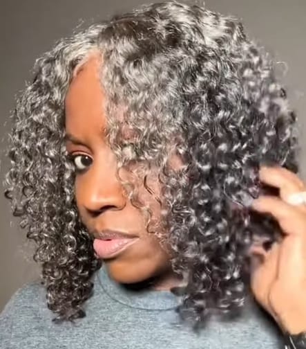 Customer photo review of Luvwin 5x5 Deep Curly Salt And Pepper Glueless Gray Color Pre-Cut Lace Bob Wig