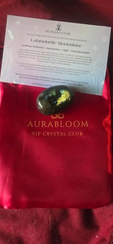 Reviewer's labradorite moonstone from the VIP Crystal Club, shown with its branded red pouch and info card.