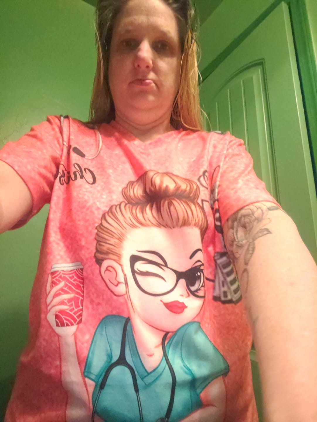 Customer photo review of Pretty Doll Nurse Scrub CNA RN Healthcare Worker Personalized V-neck 3D T-shirt