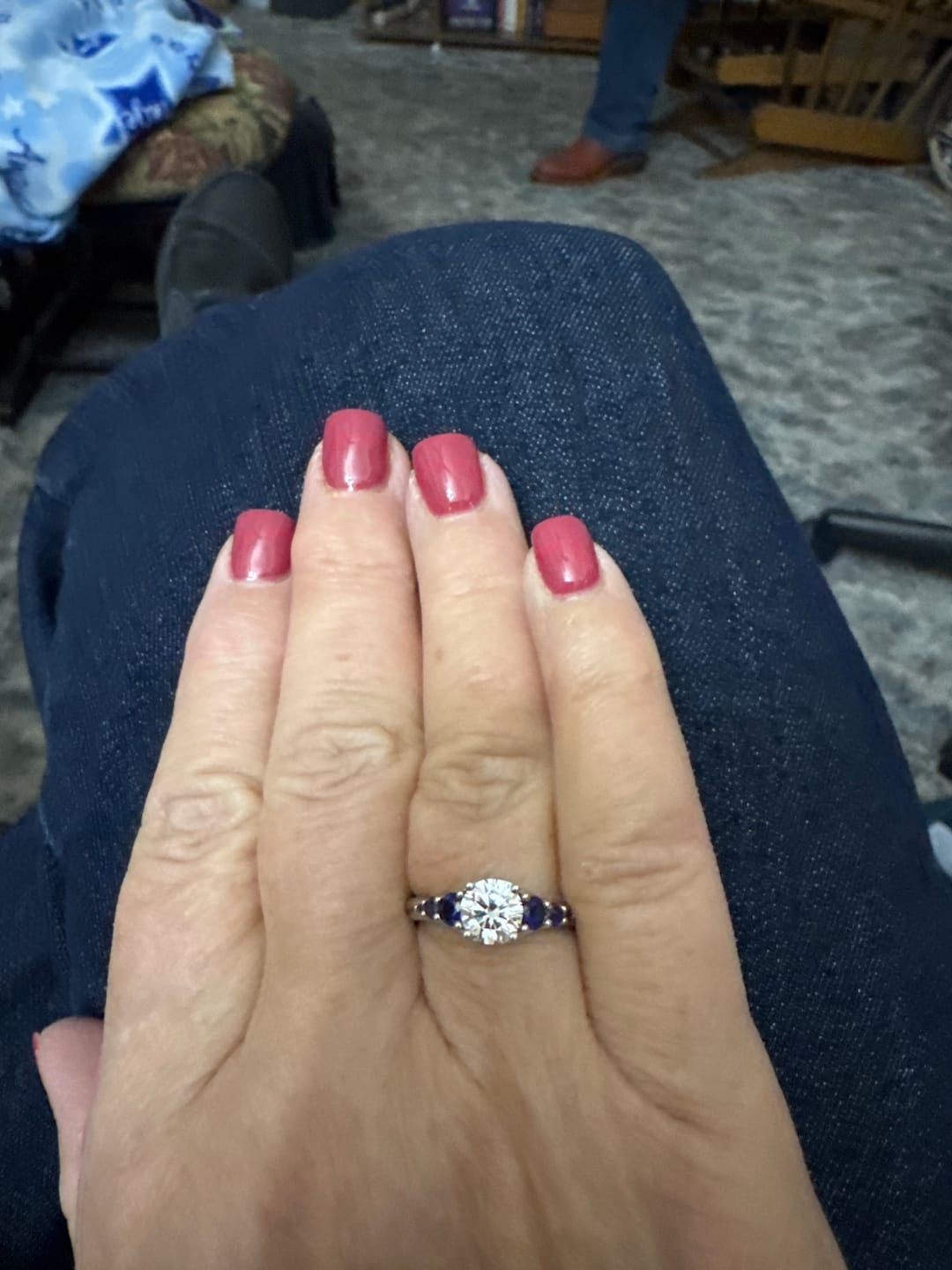 Customer photo review of Seven Stone Moissanite And Blue Sapphire Twisted Rope Engagement Ring