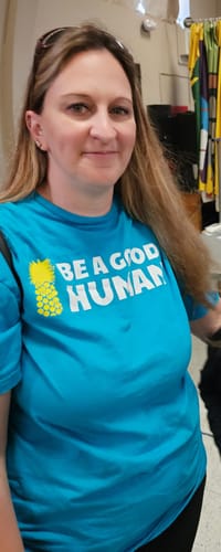 Customer photo review of Be A Good Human Cartoon Tee