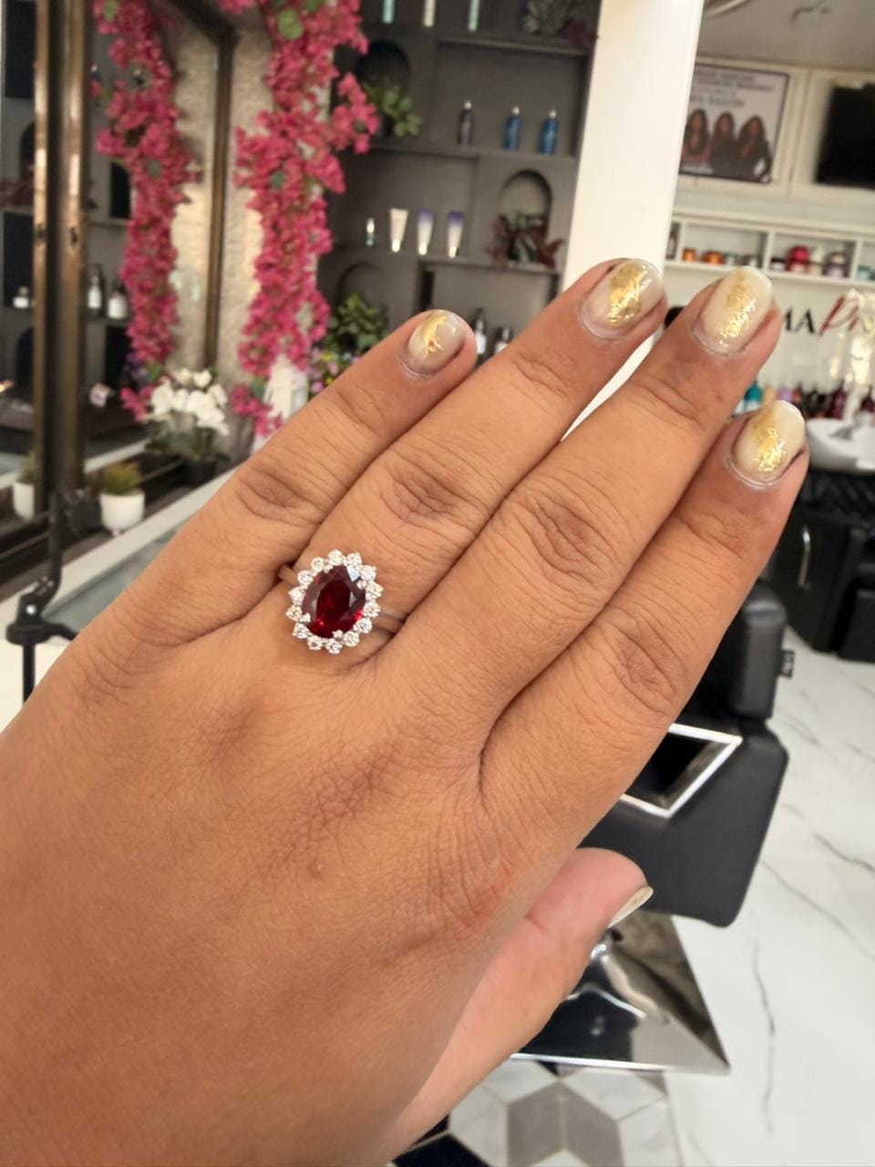 Customer photo review of 3Ct Ruby Red Halo Oval Solitaire Silver Ring