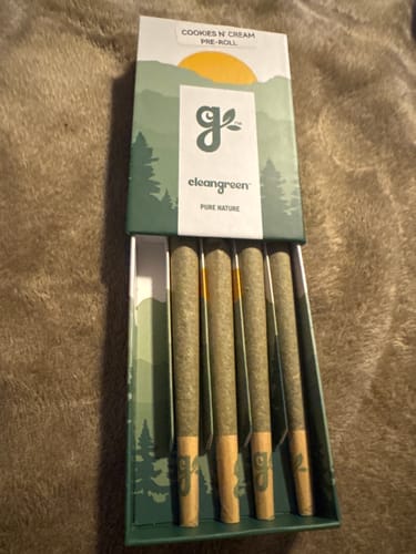 Customer's open box with a green design, showing five pre-rolled joints neatly arranged inside.