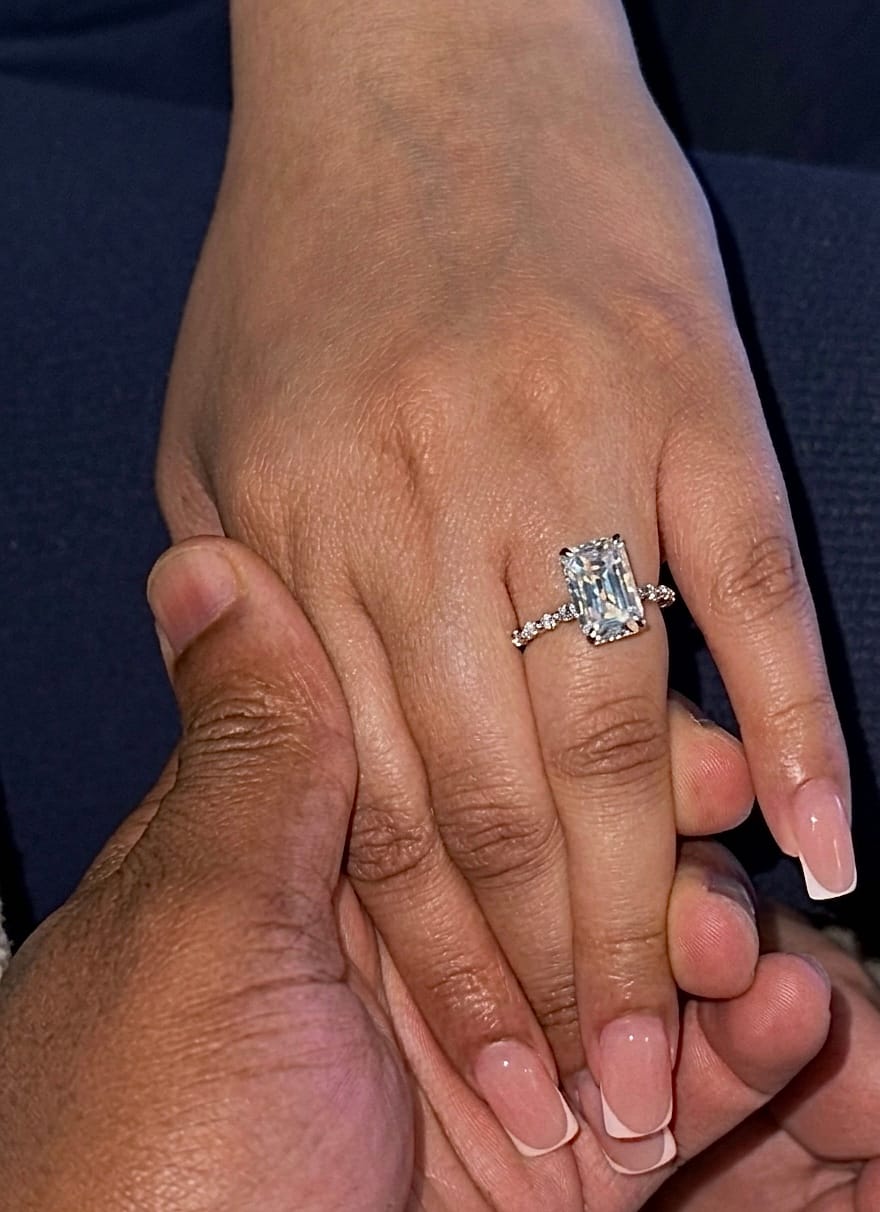 Customer photo review of Erica 4 Carat Radiant With Side Stones and Hidden Halo Moissanite Engagement Ring in 14k White Gold