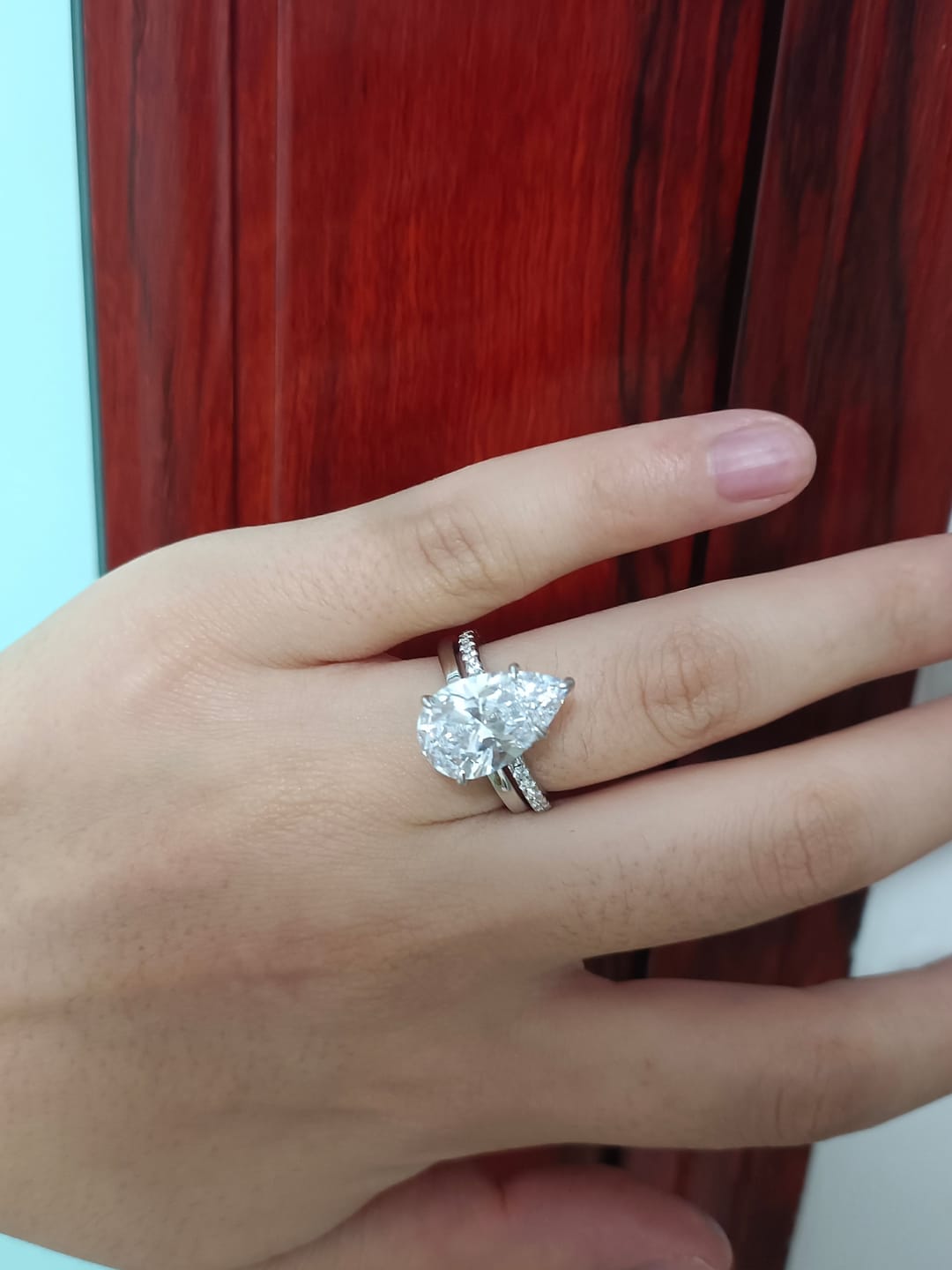 Customer photo review of S925 4.5Ct Pear Cut Wedding Ring & Open Wedding Band Bridal Rings Travel Rings For Her