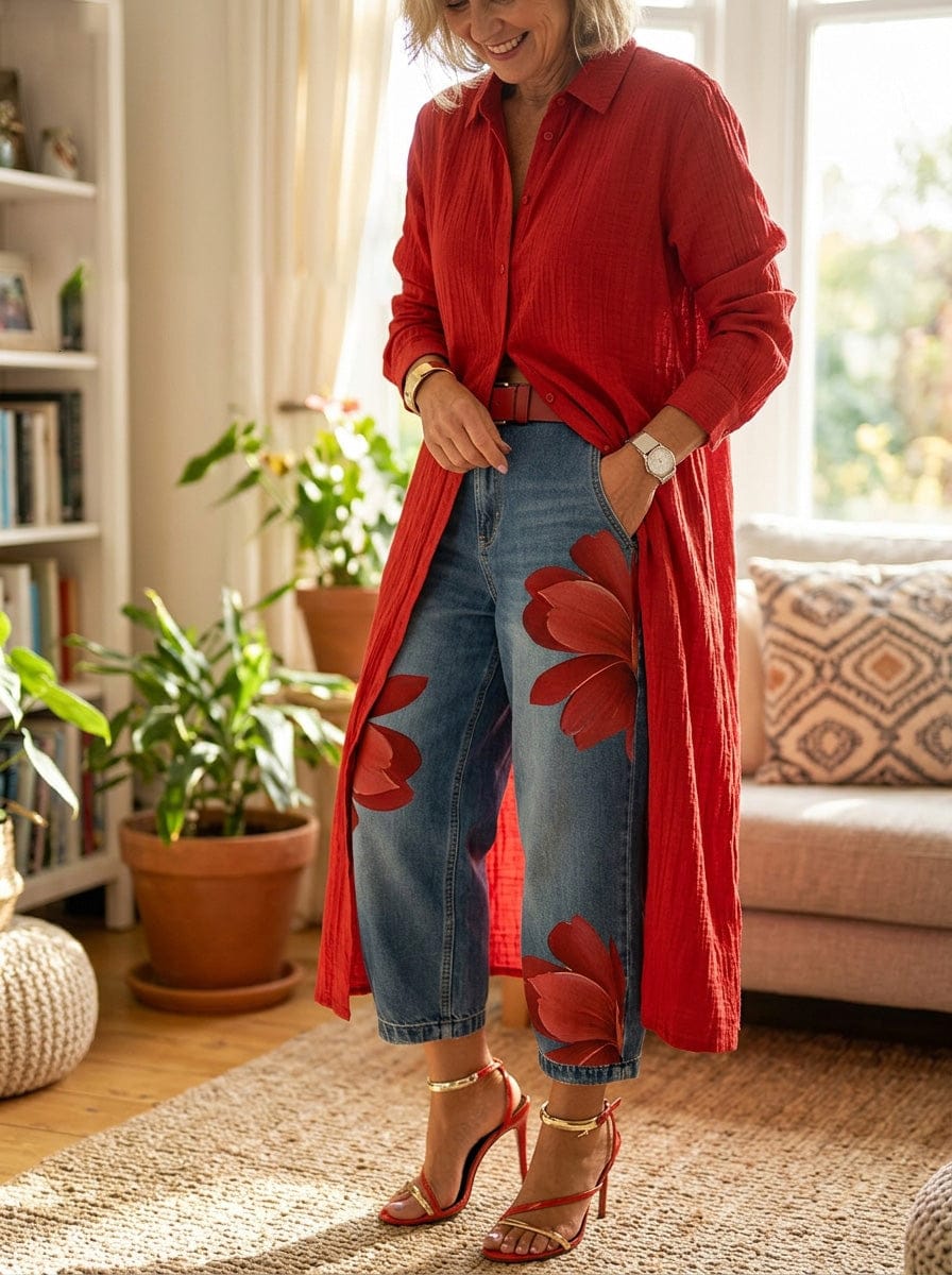 Customer photo review of Vintage Artistic Print Relaxed Denim Jeans