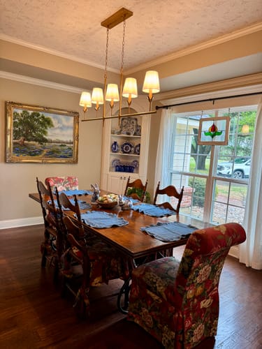 Customer photo review of French Country 5-Light Fabric Shade Candle Linear Island Chandelier