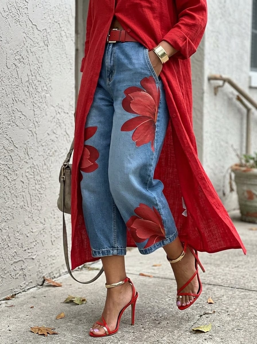 Customer photo review of Vintage Artistic Print Relaxed Denim Jeans