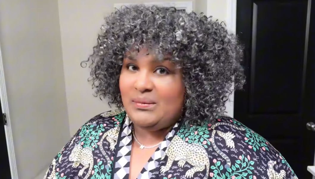 Customer photo review of Luvwin Salt And Pepper Ringlet Curls Wig With Bangs
