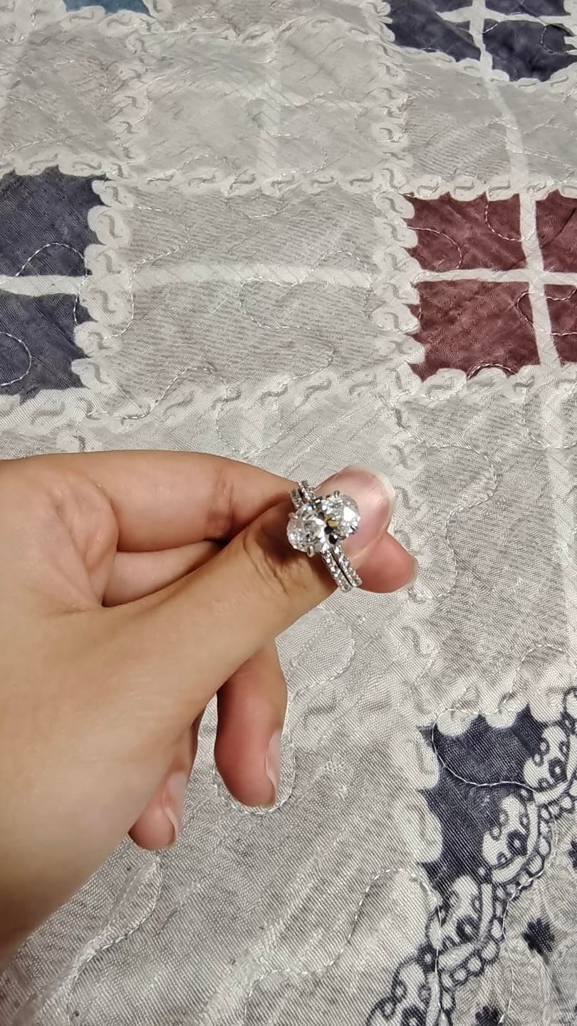 Customer photo review of S925 4.0 Carat Oval Cut Wedding Ring Set With Hidden Halo Promise Ring Classic Half Wedding Band