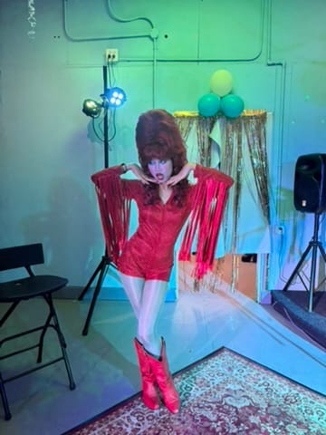 Customer photo review of Glitter Fringe Romper in Holiday Red