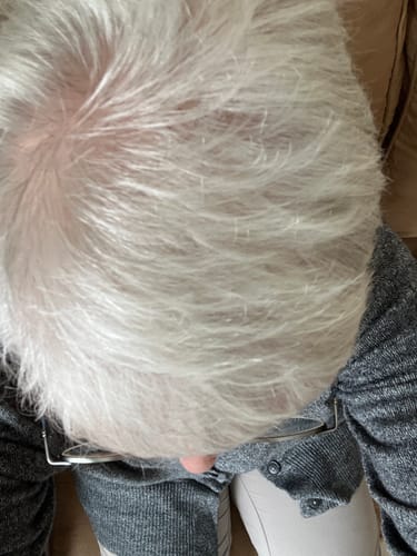 Close-up, top-down view of a customer's short, white hair, which appears clean and more voluminous.