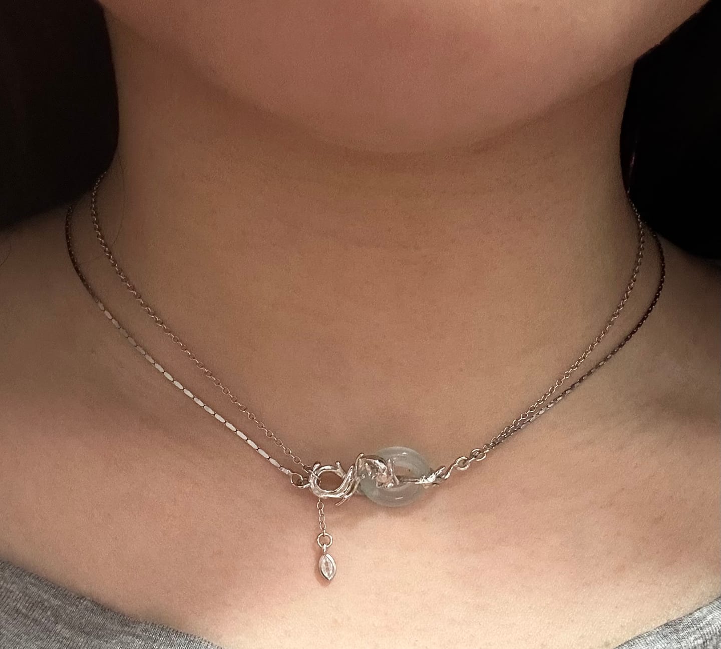 Customer photo review of "Loong" 24k Gold/925 Sterling Silver Abstract Dragon Jade Necklace, Open Collar Choker