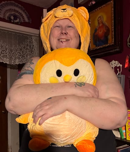 Customer photo review of Finch Plushie with Removable Costume - Your IRL Emotional Support Birb