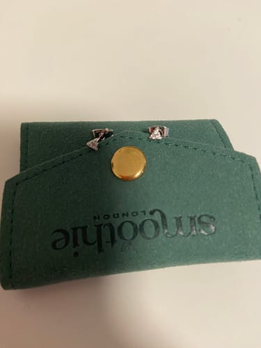 Reviewer's Everyday Ear Party silver studs displayed on their green packaging pouch.