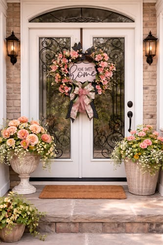 Customer's Home Sweet Home Sign on a beautiful wreath with pink flowers and a polka dot ribbon, hanging on a front door.