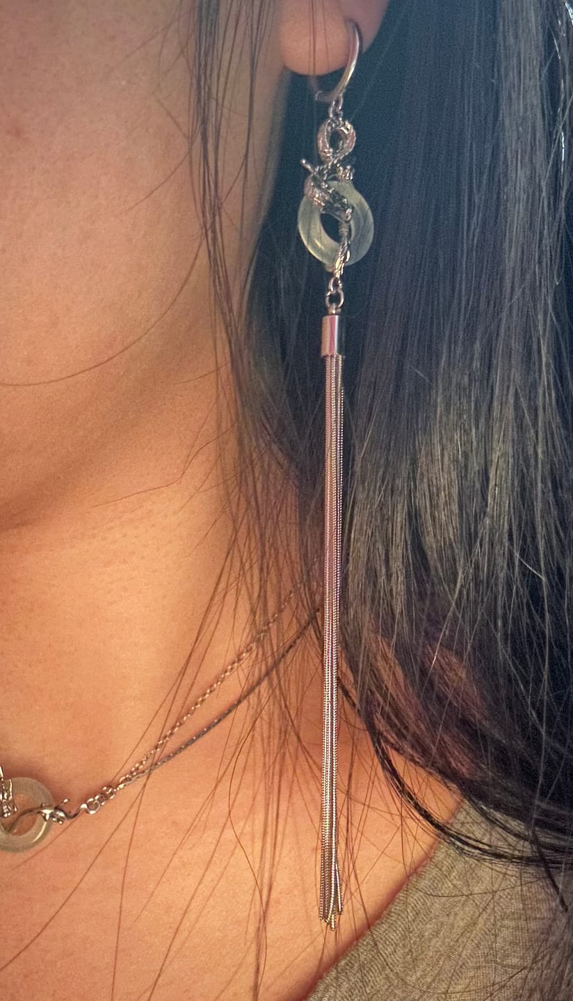 Customer photo review of "Loong" Platinum Plated Flowing Dragon Jade Tassel Earrings, Chinese Dragon Jewelry