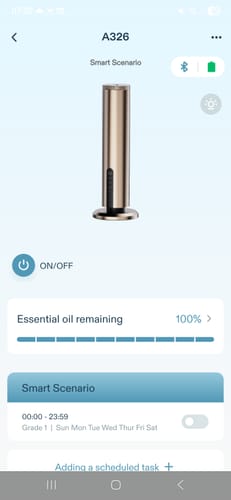 Customer screenshot of the LumaMax diffuser app, showing on/off, oil level, and smart schedule controls.