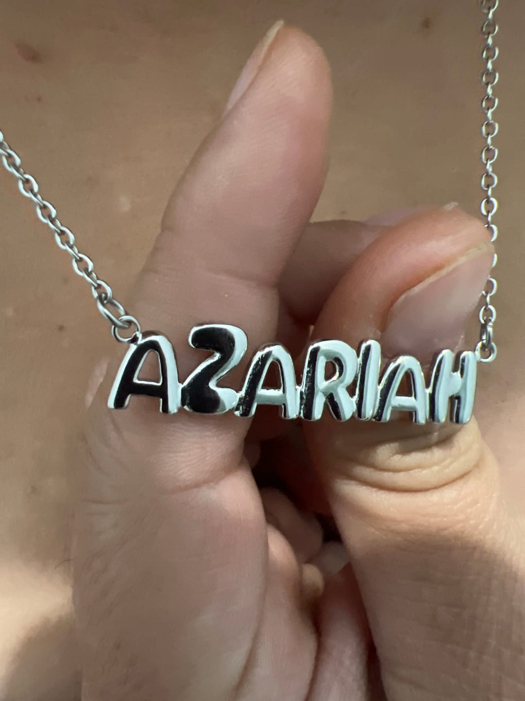 Customer photo review of Bubble Letter Name Necklace