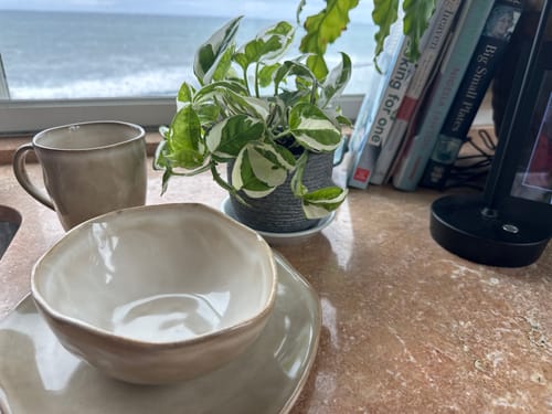 Reviewer's Crema stoneware set on a granite counter with a coastal view in the background.