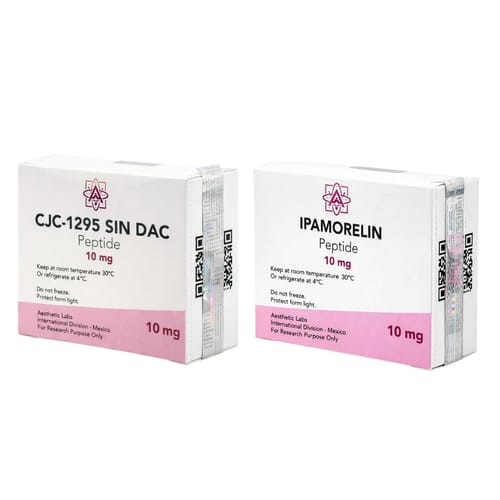 Reseña de cliente que muestra las dos cajas de péptidos, CJC-1295 Sin DAC e Ipamorelin, una al lado de la otra.