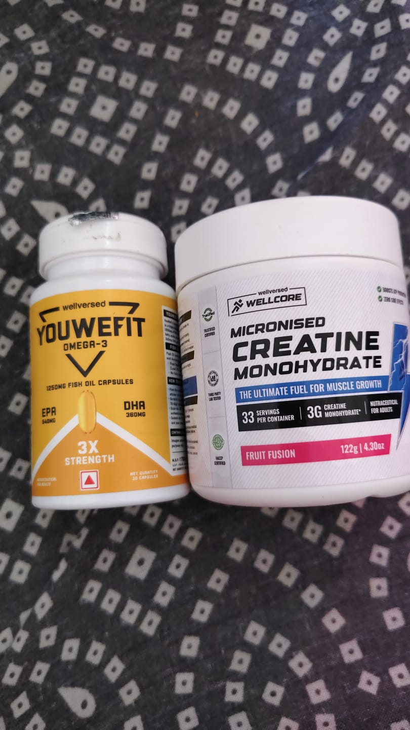 Customer photo review of Wellcore Creatine Monohydrate (Fruit Fusion, 33 Servings) + YouWeFit Omega-3 Triple Strength Fish Oil (1250mg, 30 Capsules)