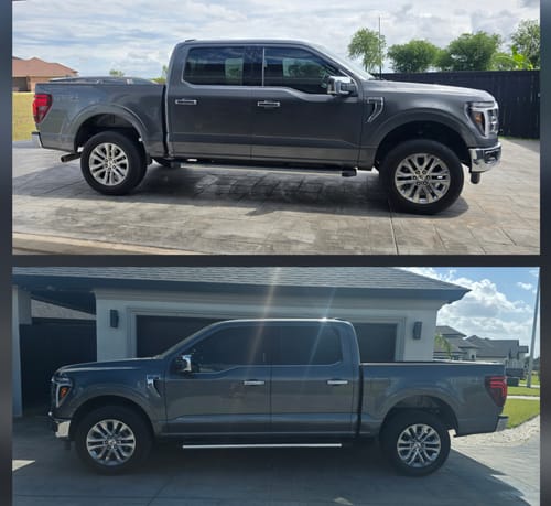 Customer's before and after images of a gray Ford F150 with the 2.5 inch Front Leveling Lift Kit installed.