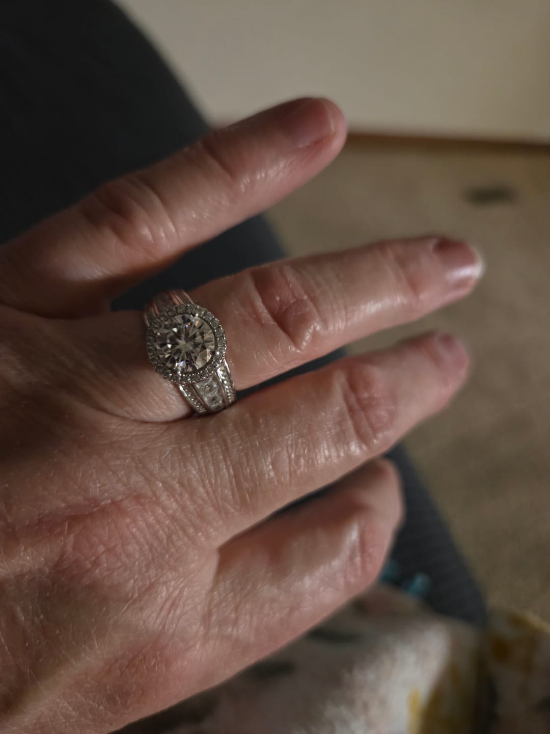 Customer photo review of Halo Moissanite Graduated Triple Row Pave Engagement Ring