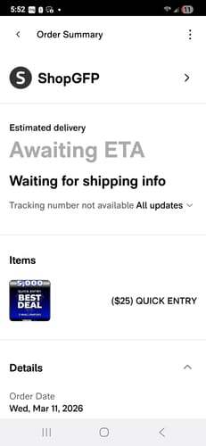 Customer's order summary screenshot showing the purchase of a ($25) Quick Entry.