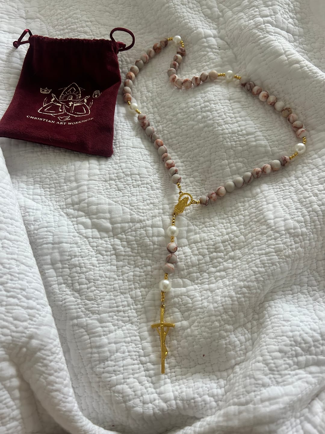 Customer photo review of Christianartworkshop Matte Pink Zebra Jasper and Pearl Rosary with Miraculous Medal and Crucifix