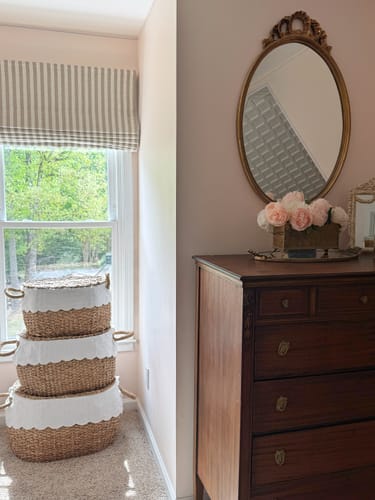 Customer photo review of Milano Flat Fold Linen Blend Striped Cordless Custom Roman Shade