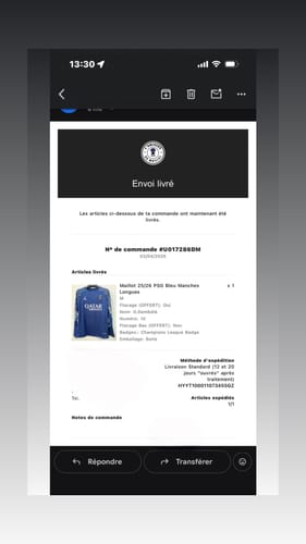 Capture d'écran du client montrant l'e-mail de confirmation pour son Maillot 25/26 PSG Bleu Manches Longues.