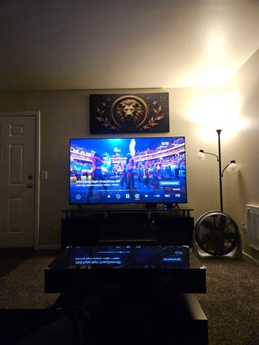 Customer's 3D Majestic Lion Wall Art hanging in a living room as a centerpiece above a television.